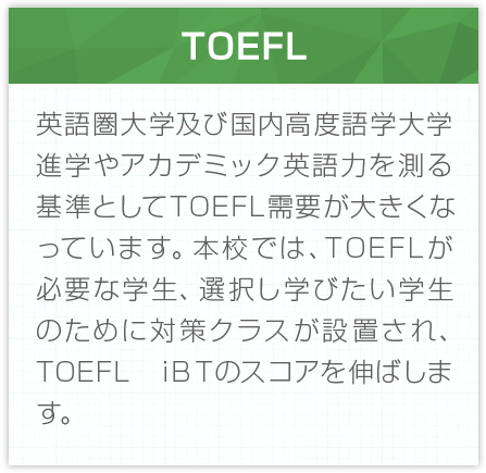 TOEFL 英語圏大学及び国内高度語学大学進学やアカデミック英語力を測る基準としてTOEFL需要が大きくなっています。本校では、TOEFLが必要な学生、選択し学びたい学生のために対策クラスが設置され、TOEFL iBTのスコアを伸ばします。